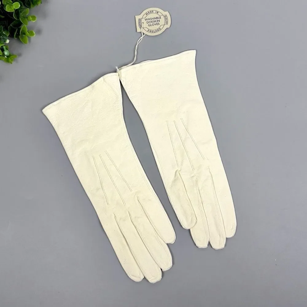 New Vintage White Gloves Washable Doeskin Leather Trimingham Bros sz 7,5 England